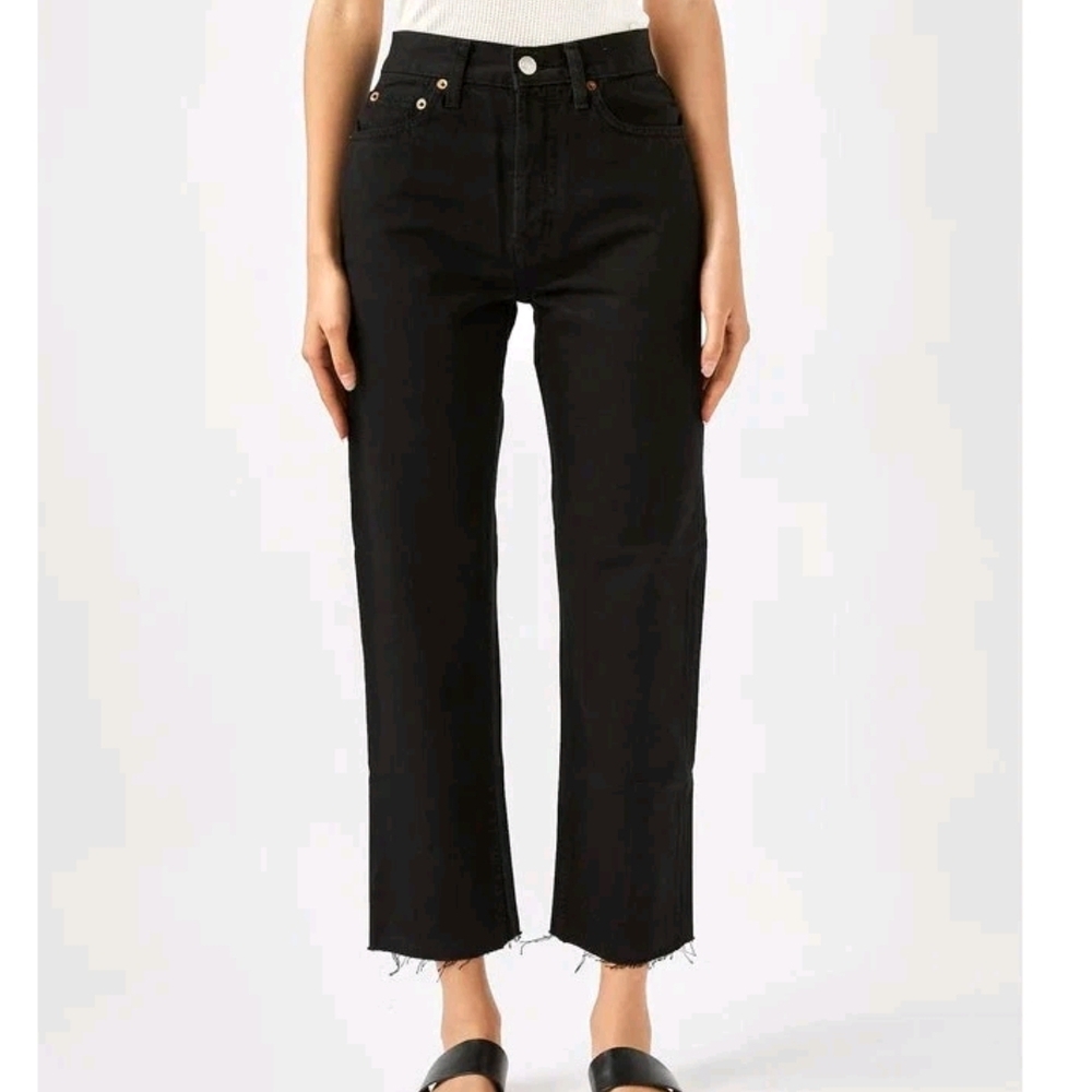 Re/Done Black Denim Highrise Stovepipe with Button-Fly Crop Raw Frayed
